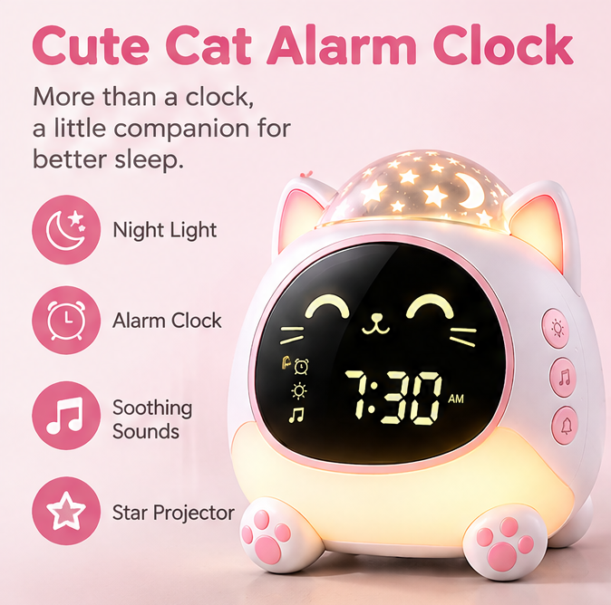 🐱 KYARANO Cute Cat Kids Alarm Clock with Star Projector