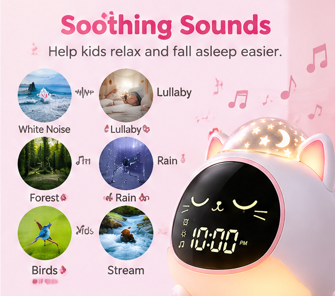 🐱 KYARANO Cute Cat Kids Alarm Clock with Star Projector