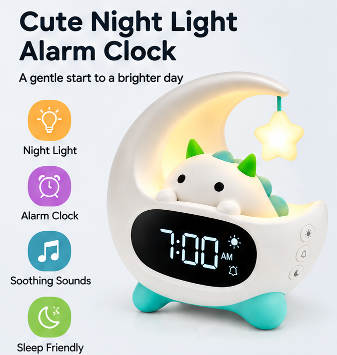 ☀️ Cute Moon Dinosaur Kids Alarm Clock with 7 Color Night Light