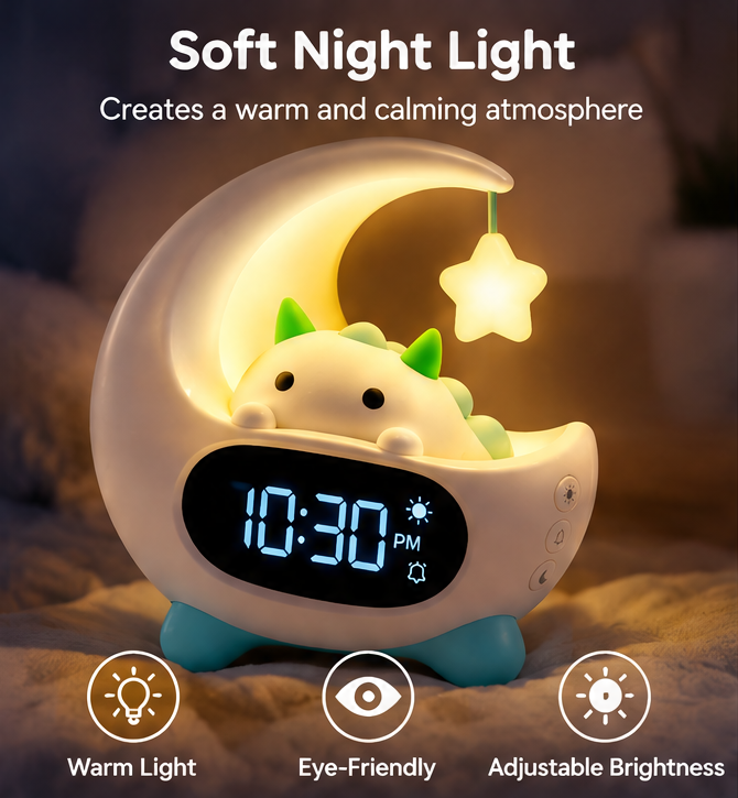 ☀️ Cute Moon Dinosaur Kids Alarm Clock with 7 Color Night Light