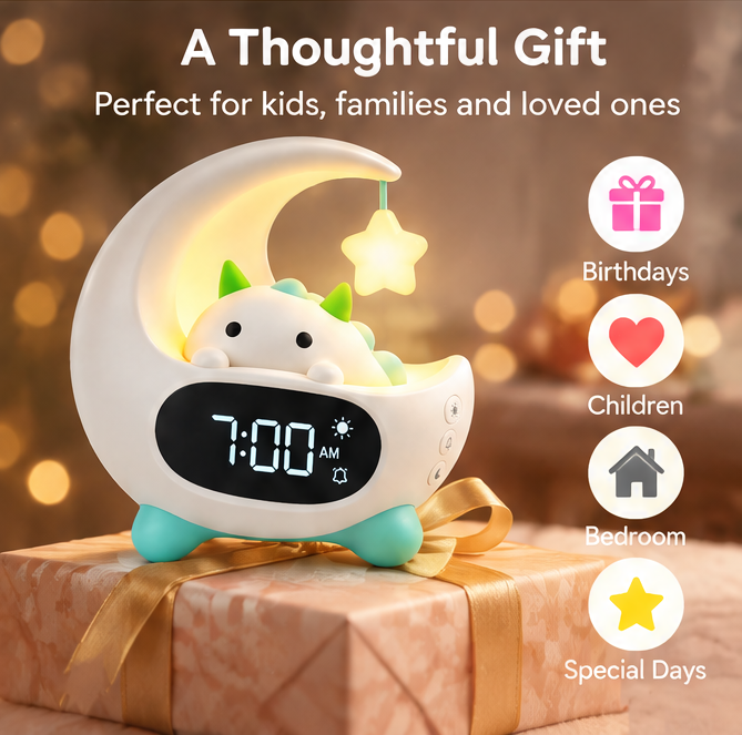 ☀️ Cute Moon Dinosaur Kids Alarm Clock with 7 Color Night Light