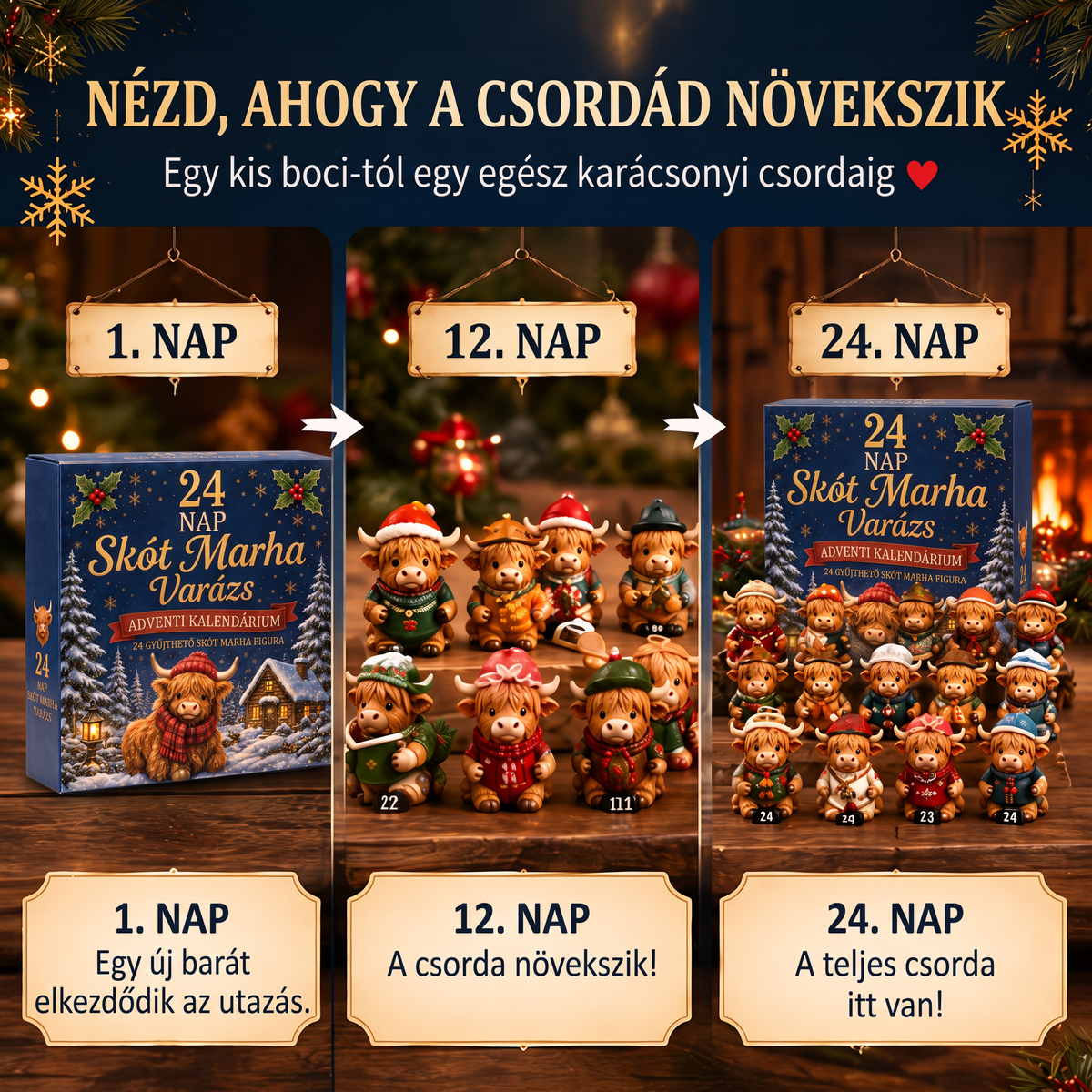 💎💎 Utolsó nap – 49% kedvezmény 🐮 24 napos adventi naptár aranyos skót marhával
