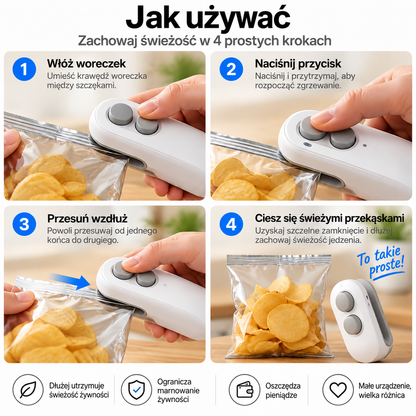 Vitalisys® Hordozható újratölthető tasaklezáró – 2 az 1-ben USB-C mini lezáró és vágó eszköz ✨