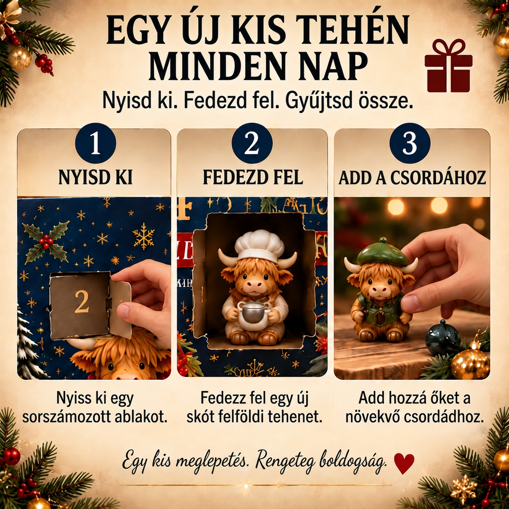 💎💎 Utolsó nap – 49% kedvezmény 🐮 24 napos adventi naptár aranyos skót marhával
