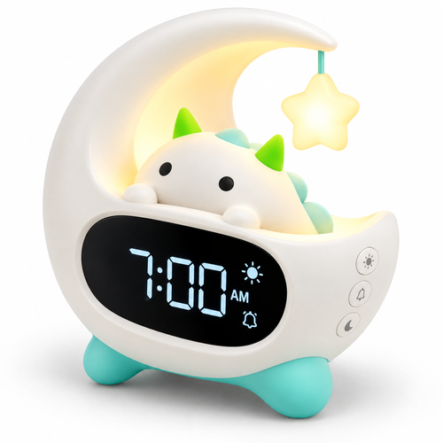 ☀️ Cute Moon Dinosaur Kids Alarm Clock with 7 Color Night Light
