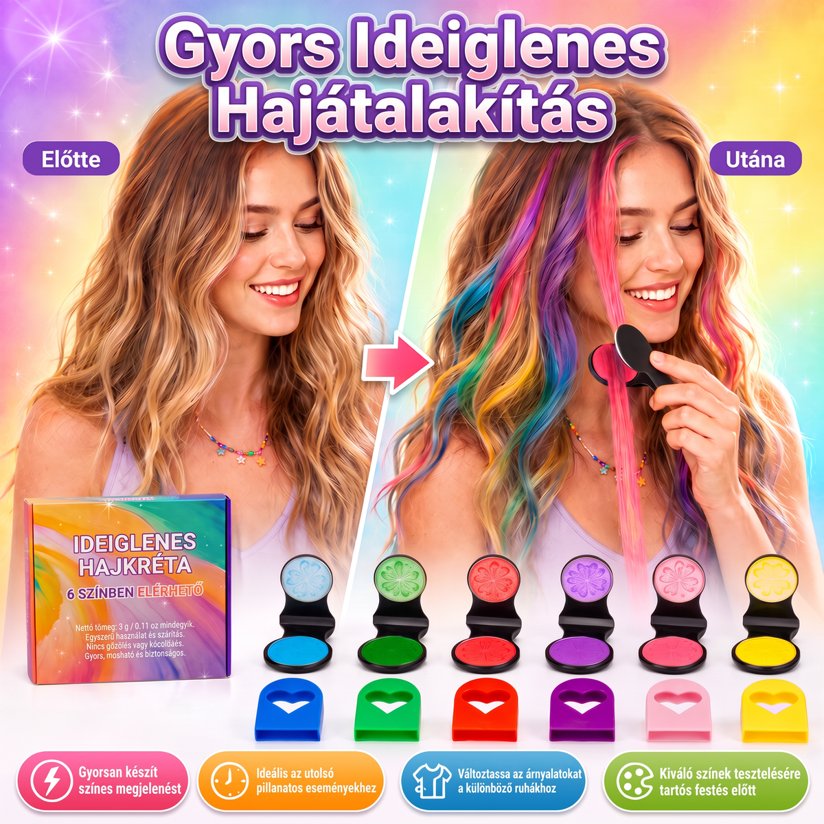 ✨ Utolsó nap -50% KEDVEZMÉNY ✨ - 6 színű ideiglenes hajkréta applikátor készlet 💖