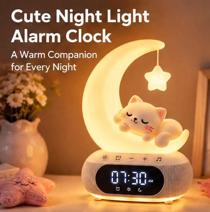 🌙 KYARANO Cute Moon Cat Night Light Alarm Clock