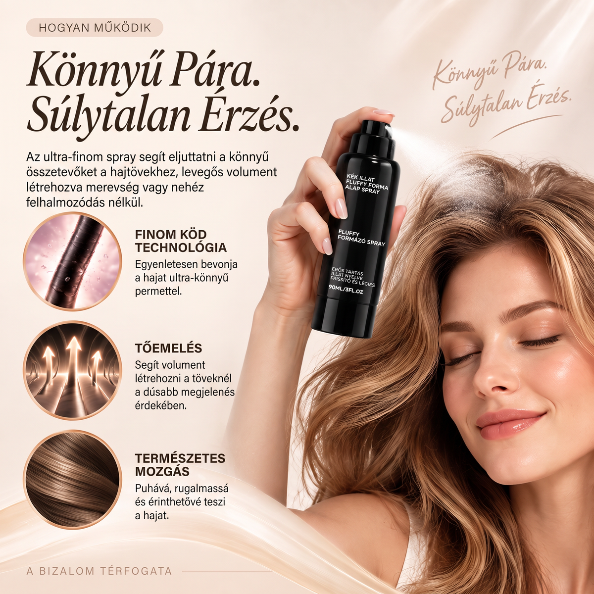 Vitalisys® Fluffy Hair formázó hajspray – Könnyű dúsító köd a hajtövek emeléséhez és a természetes mozgáshoz őszibarack illattal 💖