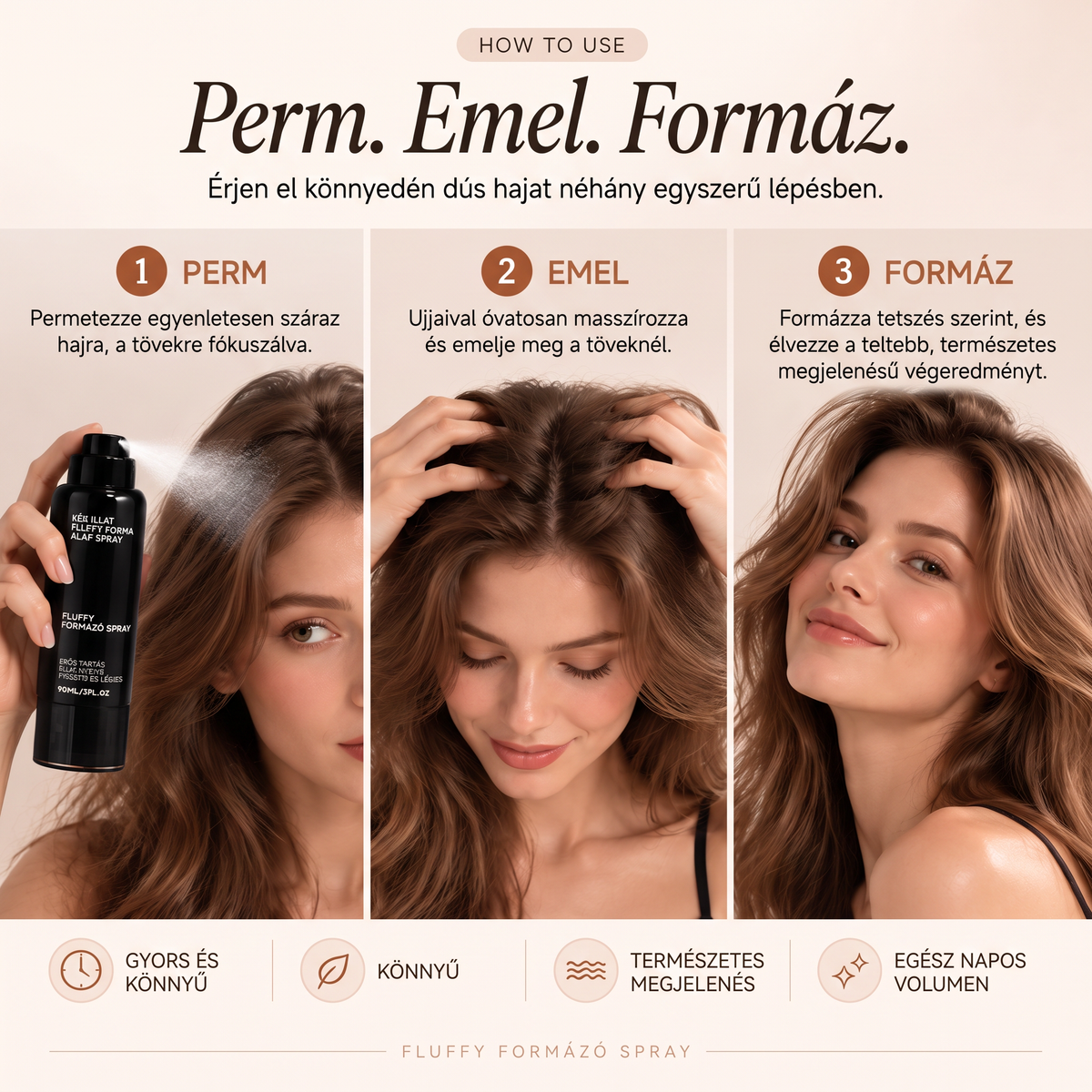 👑👑Vitalisys® Fluffy Hair Shaping Spray – Könnyed, dúsító spray a hajtövek megemeléséért és a természetes mozgásért, őszibarack illattal 👸